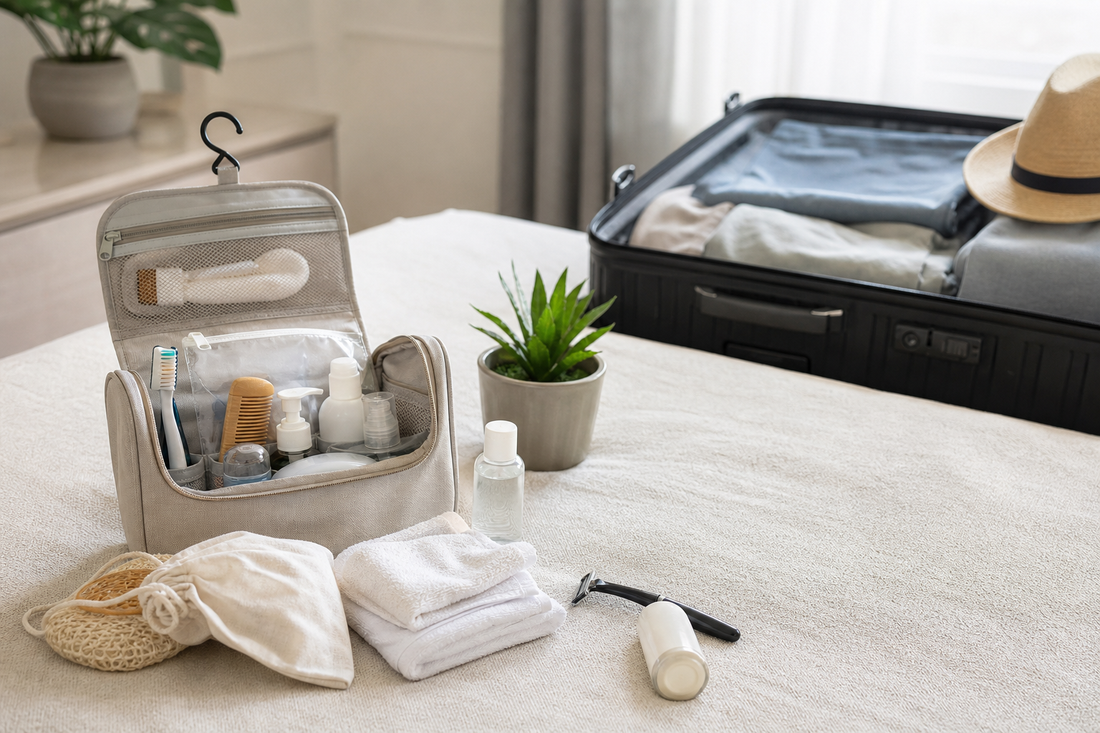 Unbranded practical sequence scene featuring practical travel hygiene