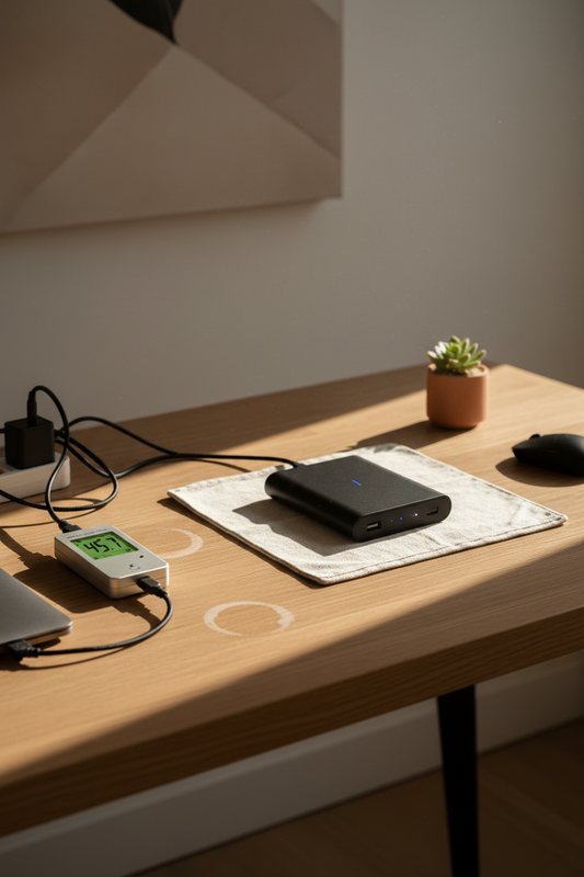 Premium matte black power bank on light oak desk with natural window light, water ring detail, and creased linen fabric in minimalist workspace