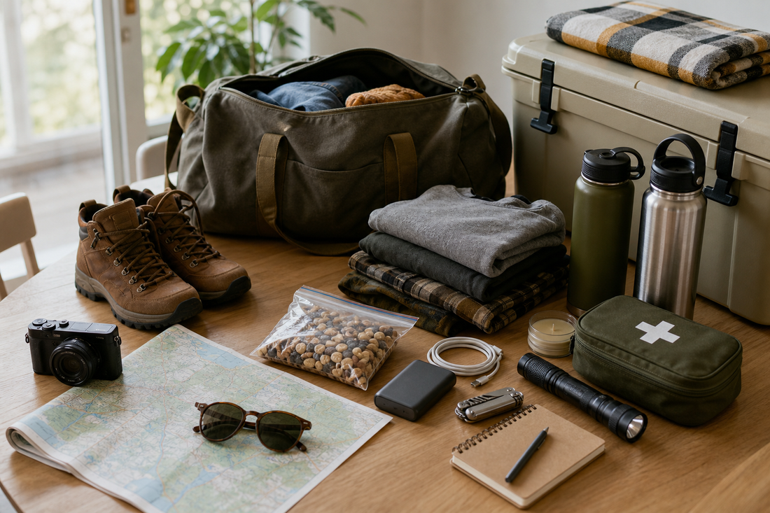 Unbranded organized spatial layout featuring practical road-trip preparation