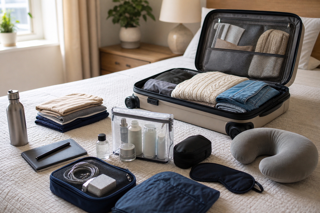 Unbranded orderly inspection setup featuring practical air-travel preparation