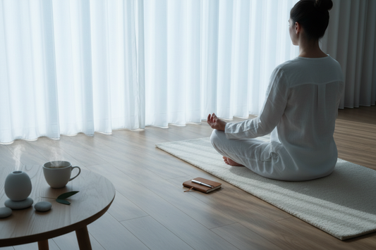 Serene morning wellness scene with natural light, meditation space, and tea - representing self-care and mindful daily rituals