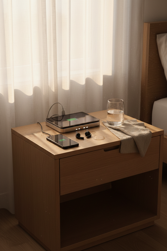 Premium charging station with multiple devices at dawn on minimalist bedside table with soft natural light and water glass