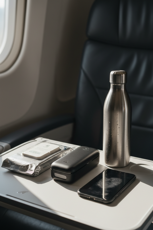 Premium first-class airplane tray table with UV-C sterilization device, antimicrobial wipes, and high-end smartphone in soft natural cabin light with subtle water rings and fabric creases