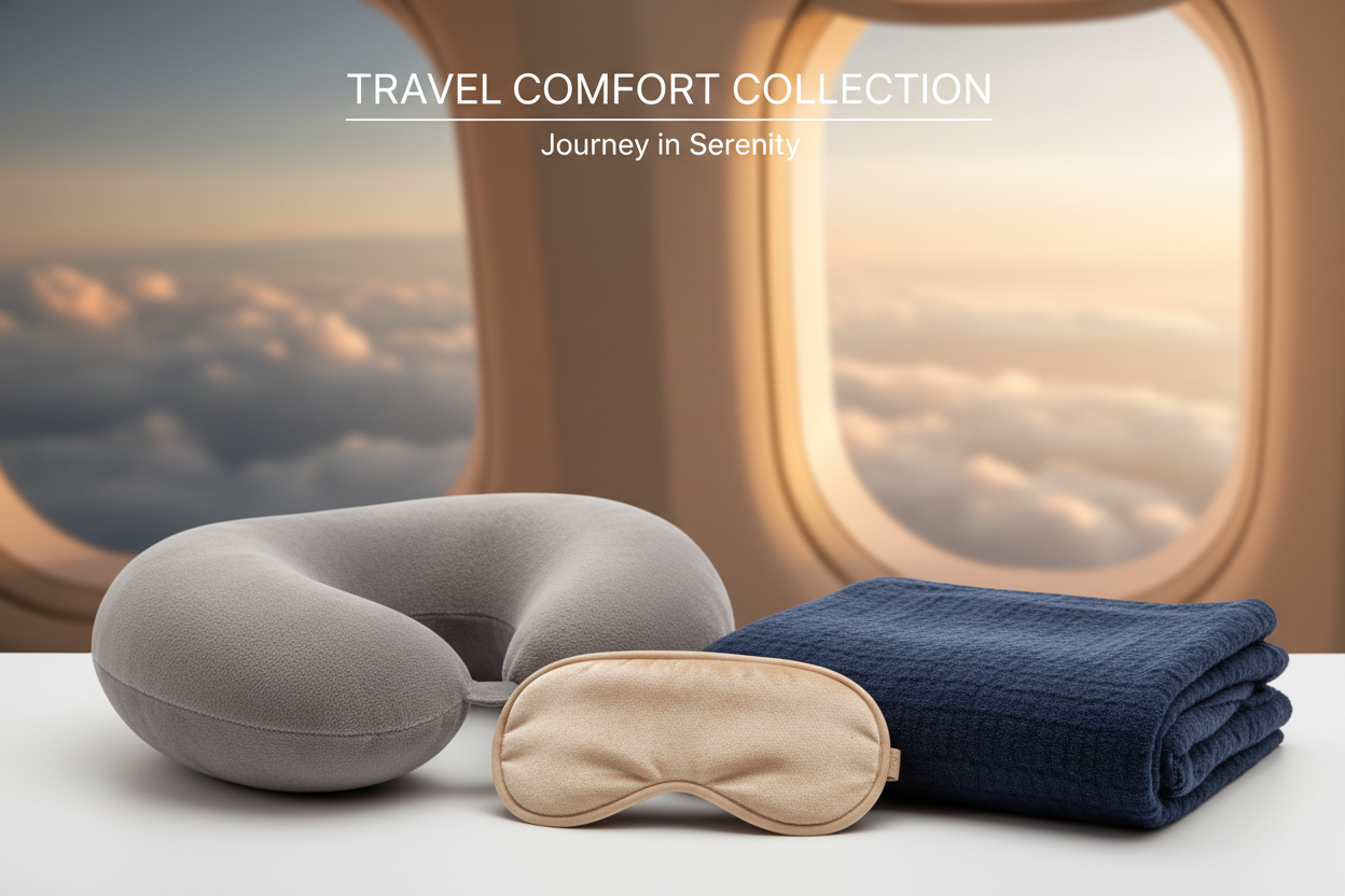 Travel comfort accessories including neck pillows, blankets and eye masks for comfortable long flights and road trips