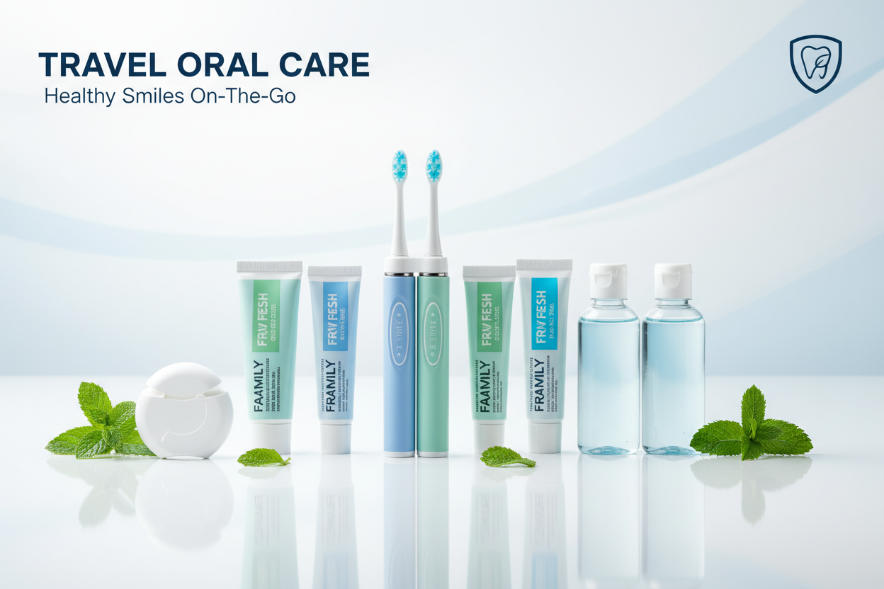 Portable travel oral care kits and dental hygiene products including toothbrush sets for maintaining dental health on trips