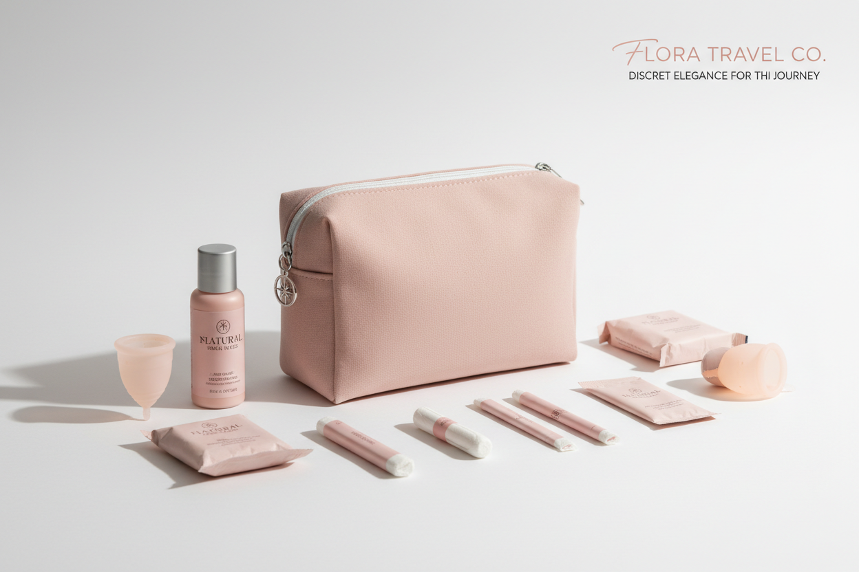 Discreet feminine hygiene products for travel including compact menstrual care, feminine wipes and period essentials for women travelers