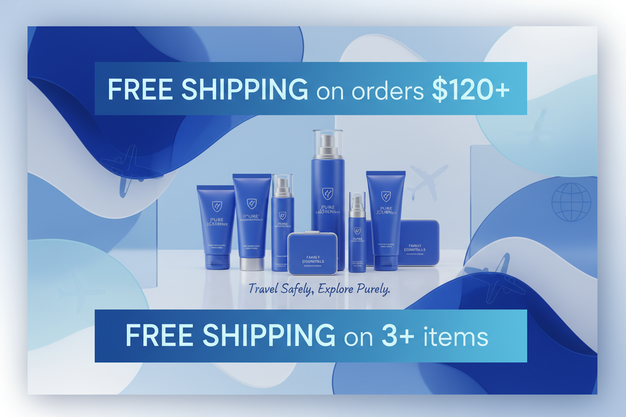 Free shipping promotion banner showing two offers: free delivery on orders over $120 or when purchasing 3 or more premium travel hygiene products from BBPOW