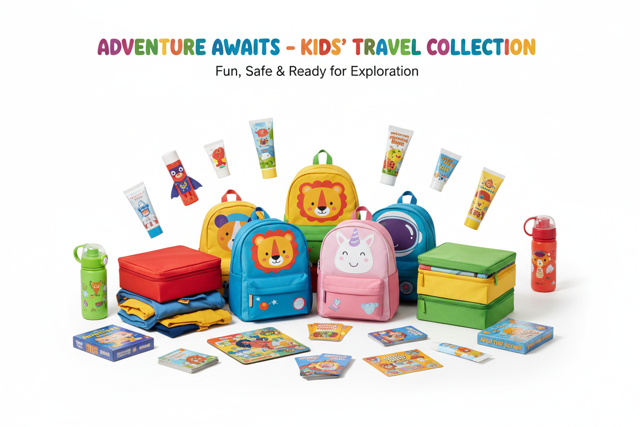 Colorful kids travel essentials including child-sized water bottles, backpacks and fun accessories for family adventures