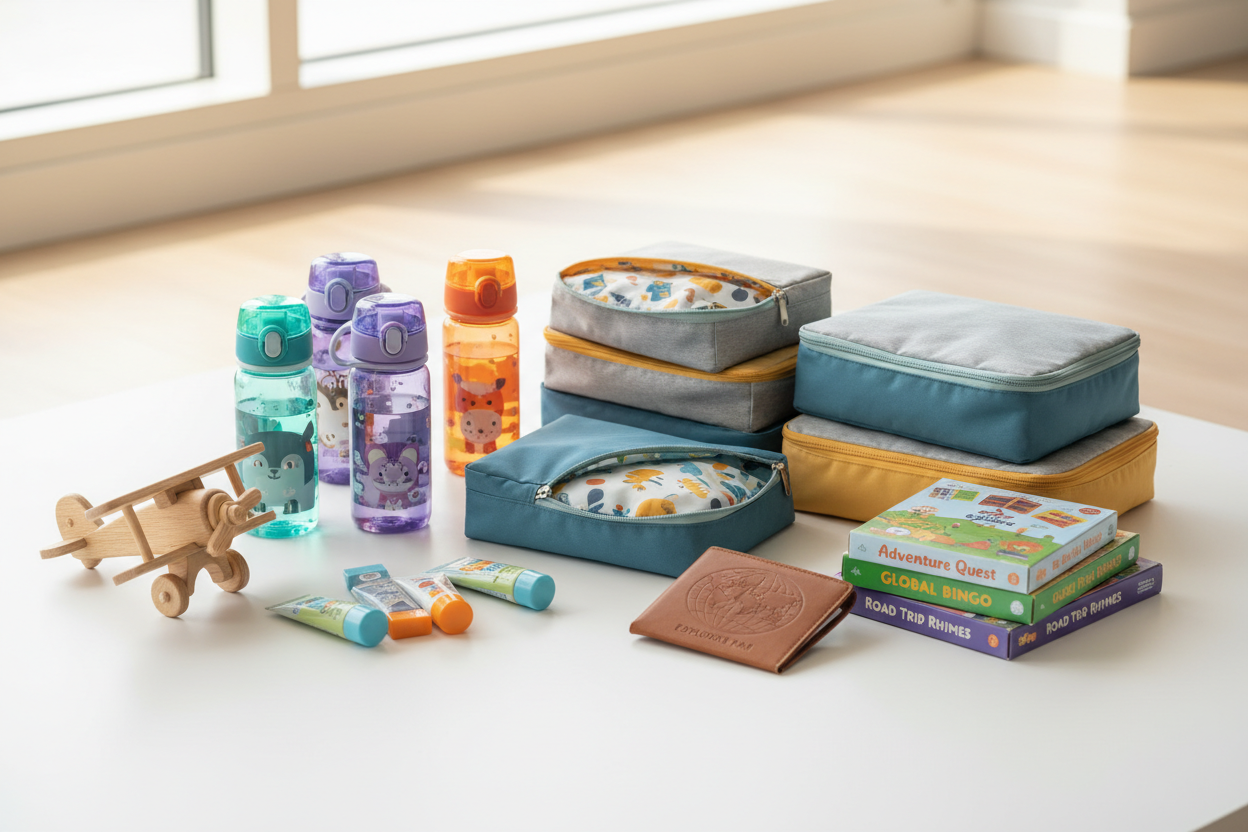 Complete family travel essentials including kids water bottles, packing organizers and hygiene kits for stress-free family trips