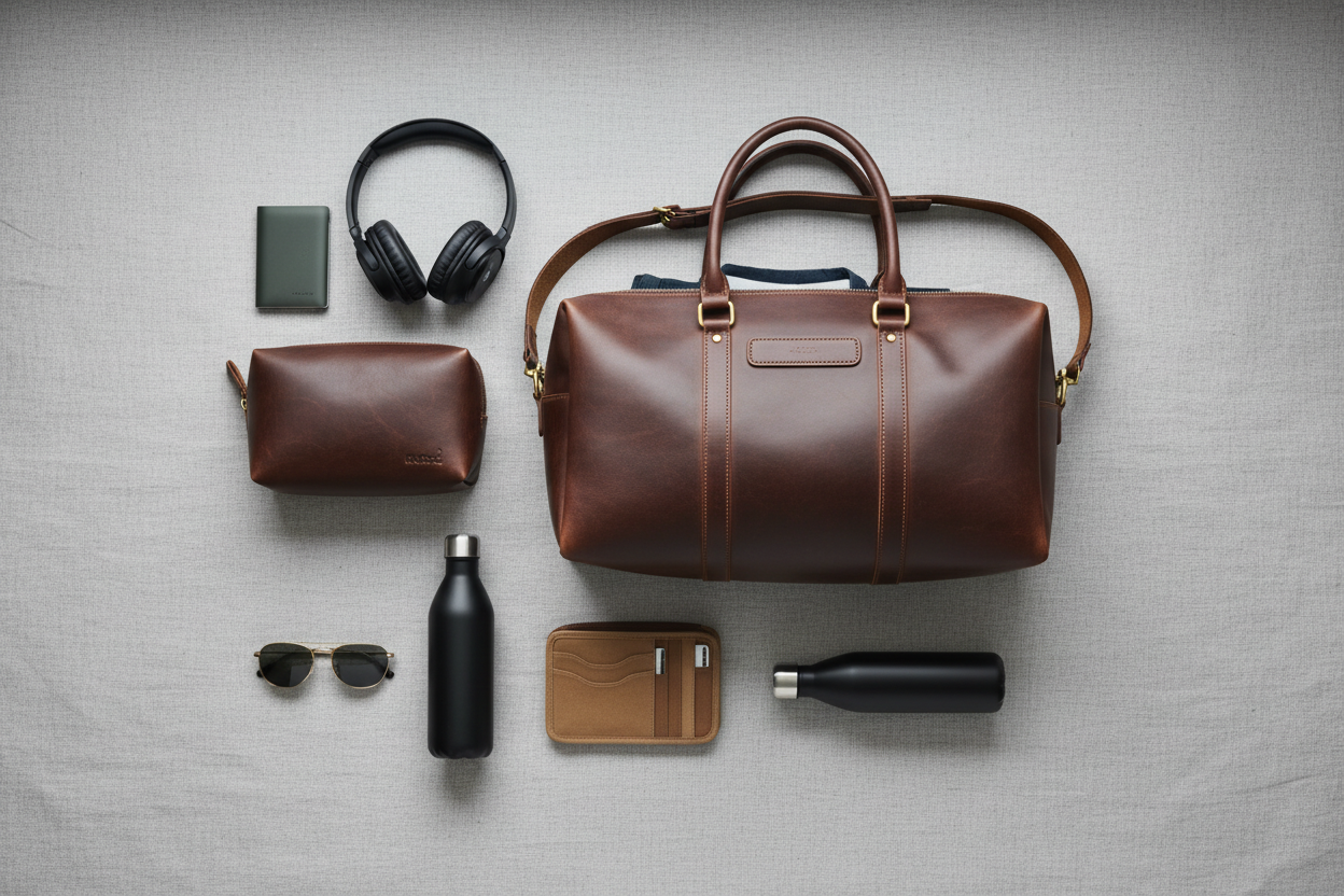 Premium men's travel essentials including toiletry bags, grooming kits and tech accessories for business trips and adventures