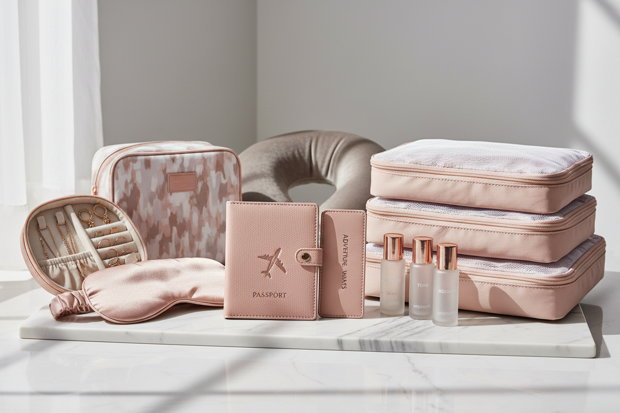 Elegant women's travel essentials including beauty organizers, toiletry bags and feminine hygiene products for stylish travel