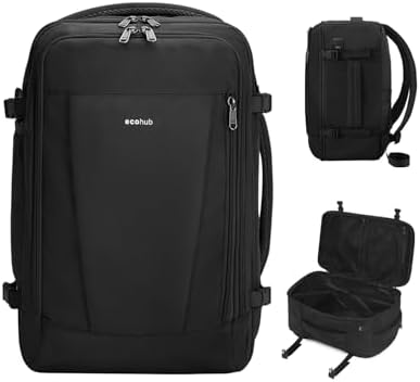 ECOHUB 17'' Small Travel Backpack, United Airlines Personal Item Bag 16.7"x10"x8" with 13 Pockets Carry on Backpack with USB Port Luggage Sleeve Travel Essentials for Men Women Water Resistant, Black by ECOHUB