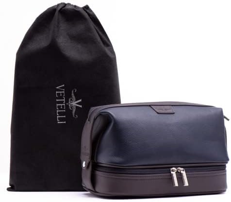 Vetell Leo Large Leather Men's Travel Toiletry and Shaving Case Bag with Upper and Lower Zippered Compartments, 3 Interior Loops and Carrying Handles by Vetelli
