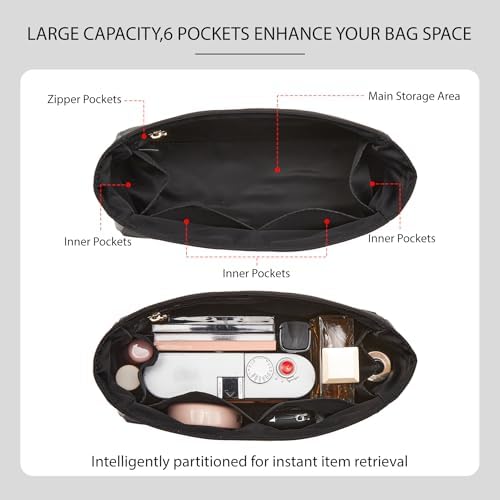 Soft Nylon Kelly 28 Bag Insert, Lightweight Luxury Purse Organizer Insert for Hermes Kelly 28 with Multiple Pockets, Premium Smooth Zipper Inner Liner for Women's Handbags (KL28, Black) - Image 3