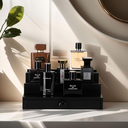 3 Tier Men's Cologne Organizer, Black Wooden Display Stand with Drawer - Image 2