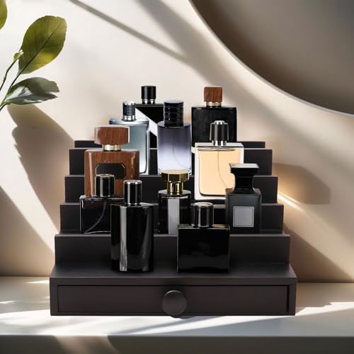 5 Tier Men's Cologne Organizer, Black Wood Display Stand Holder with Drawer | Tiered Cologne Shelf and Rack, large capacity, Multi-compartment, Hidden Storage, Fragrance Display for dresser, Gift for Men - Image 2