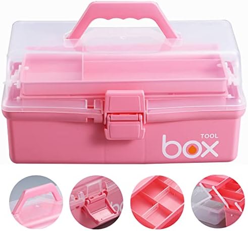 Kinsorcai 2PCS 12'' Three-Layer Clear Plastic Storage Box/Tool Box, Multipurpose Organizer and Portable Handled Storage Case for Art Craft and Cosmetic (Pink) - Image 4
