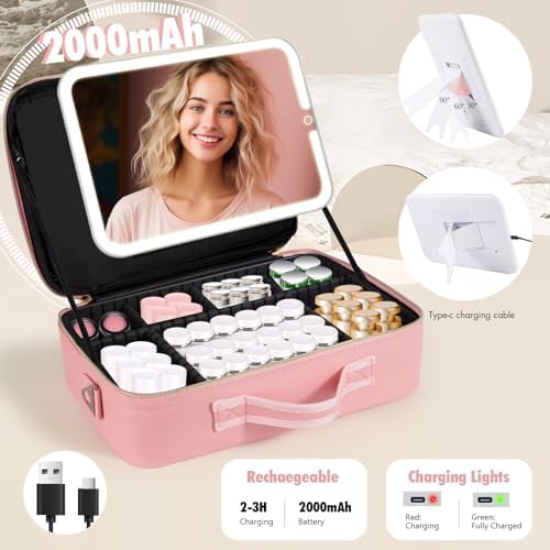 15''X11'' Makeup Bag with Removeable Lighted Mirror, Travel Makeup Case with 3 Color Lights Dimmable Brightness, Large Capacity Cosmetic Organizer Case with Detachable Dividers & Shoulder Strap - Image 3