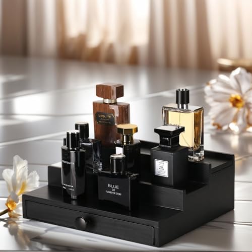 3 Tier Men's Cologne Organizer, Black Wooden Display Stand with Drawer - Image 4