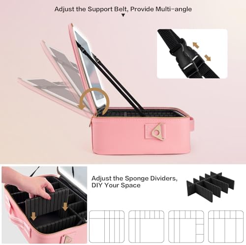 15''X11'' Large Capacity Makeup Bag with LED Mirror, Professional Makeup Case Organizer with 3 Color Light Adjustable Brightness, Travel Make up Cosmetic Case with Detachable Dividers & Shoulder Strap - Image 5