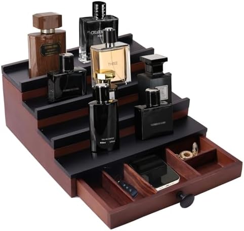 4 Tier Men's Cologne Organizer, Two-Tone Wooden Stand with Drawer Storage | Cologne Shelf and Rack, Perfume Tray, Hidden Storage, Classic Dresser Display, Birthday Christmas Gift for Men - Image 4