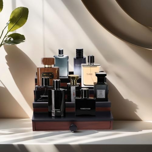 4 Tier Men's Cologne Organizer, Two-Tone Wooden Stand with Drawer Storage | Cologne Shelf and Rack, Perfume Tray, Hidden Storage, Classic Dresser Display, Birthday Christmas Gift for Men - Image 2