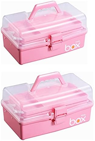 Kinsorcai 2PCS 12'' Three-Layer Clear Plastic Storage Box/Tool Box, Multipurpose Organizer and Portable Handled Storage Case for Art Craft and Cosmetic (Pink) by Kinsorcai