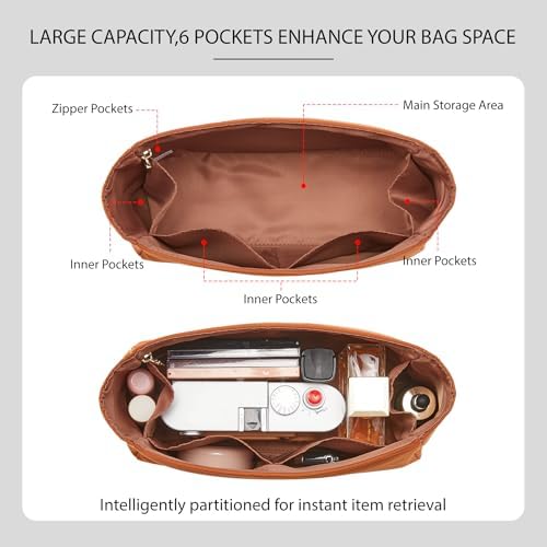 Soft Nylon Kelly 25 Bag Insert, Lightweight Luxury Purse Organizer Insert for Hermes Kelly 25 with Multiple Pockets, Premium Smooth Zipper Inner Liner for Women's Handbags (KL25, Gold) - Image 3