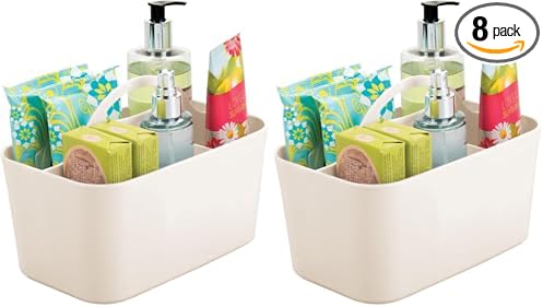 mDesign Small Plastic Shower/Bath Storage Organizer Caddy Tote with Handle for Dorm, Shelf, Cabinet - Hold Soap, Shampoo, Conditioner, Combs, Brushes, Lumiere Collection, Cream/Beige (Pack of 2) by mDesign