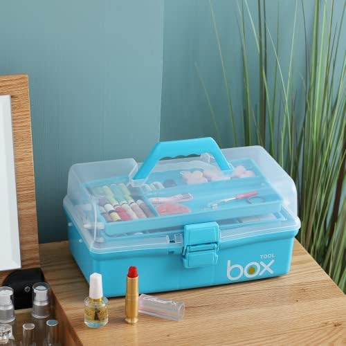 Kinsorcai 12'' Three-Layer Clear Art Box Organizer, Multipurpose Plastic Craft Box with Handle (Blue) - Image 5