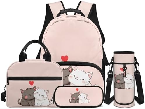 4Pcs Kid's Backpack Set Cute Cartoon Cat Schoolbag with Lunch Bag Pencil Case and Water Bottle Holder for Elementary School Bag Bookbag 17 Inch Daypack Pink by Unknown