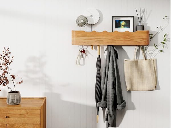 Coat Rack Wall Mount with Shelf 8 Hidden Hooks Modern Wooden Key Holder Entryway Organizer for Hallway Bedroom Bathroom Home Decor Storage for Hanging Coats Hats Bags Towels, Wave-Shape Oak - Image 2