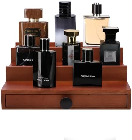 3 Tier Men's Cologne Organizer, Brown Wood Perfume Display Stand w/ Drawer | Tiered Cologne Shelf Rack, Classic Perfume Holder, Hidden Accessory Storage, Dresser Fragrance Display, Gift for Men by FENGLIGOO