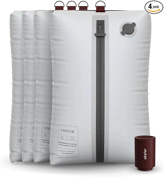 Ekster Travel Pack Vacuum Kit - Travel Vacuum Bags with Pump - Odor & Waterproof Anti-Rip Nylon Compression Bags - Space Saver Vacuum Storage Bags - Wireless Vacuum Pump for 15+ Items - 4Pack by ekster