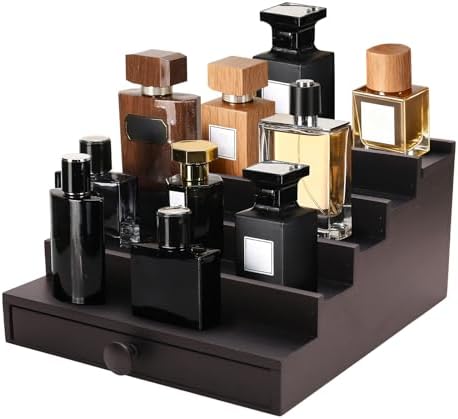 5 Tier Men's Cologne Organizer, Black Wood Display Stand Holder with Drawer | Tiered Cologne Shelf and Rack, large capacity, Multi-compartment, Hidden Storage, Fragrance Display for dresser, Gift for Men by FENGLIGOO