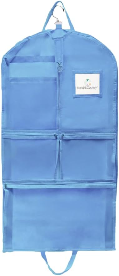 Enhanced Hanging Garment Bag with multiple clear Pockets, carrying straps, front and Side Zippers for Clothes, Dance Costumes, Cheer uniforms, and pageant dresses. (HydrangeaBlue, 35 inch) by KendallCountry