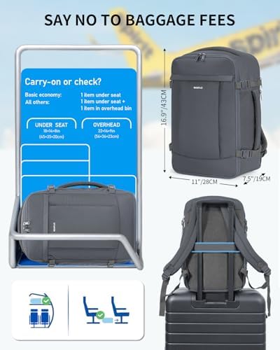 ECOHUB 17'' Small Travel Backpack, United Airlines Personal Item Bag 16.9"x10"x7.5" Carry on Backpack with USB Port Luggage Sleeve Travel Essentials for Men Women Water Resistant, Grey - Image 4