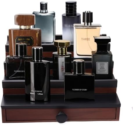 4 Tier Men's Cologne Organizer, Two-Tone Wooden Stand with Drawer Storage | Cologne Shelf and Rack, Perfume Tray, Hidden Storage, Classic Dresser Display, Birthday Christmas Gift for Men by FENGLIGOO