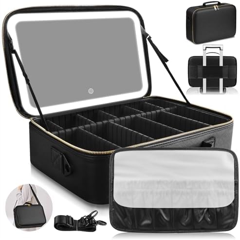 15''X11'' Large Capacity Makeup Bag with LED Mirror, Professional Makeup Case Organizer with 3 Color Light Adjustable Brightness, Travel Make up Cosmetic Case with Detachable Dividers & Shoulder Strap by JJhxr