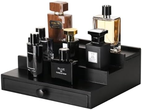 3 Tier Men's Cologne Organizer, Black Wooden Display Stand with Drawer by FENGLIGOO