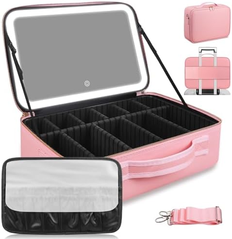 15''X11'' Large Capacity Makeup Bag with LED Mirror, Professional Makeup Case Organizer with 3 Color Light Adjustable Brightness, Travel Make up Cosmetic Case with Detachable Dividers & Shoulder Strap by JJhxr