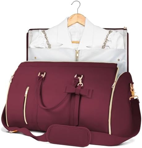 Garment Bags for Travel, Convertible Suit Travel Bag for Women, Stylish Carry On Garment Bag with Toiletry Pocket, Shoulder Strap and Shoes Compartment, 2 in 1 Foldable PU Leather Duffle Bag, Sangria - Image 2
