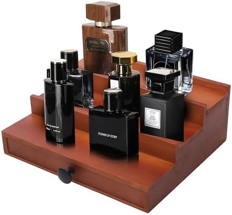 3 Tier Men's Cologne Organizer, Brown Wood Perfume Display Stand w/ Drawer | Tiered Cologne Shelf Rack, Classic Perfume Holder, Hidden Accessory Storage, Dresser Fragrance Display, Gift for Men - Image 3