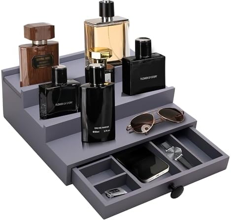 3 Tier Men's Cologne Organizer, Gray Wooden Display Stand with Drawer | Tiered Cologne Shelf and Rack, Hidden Accessory Storage, Multi-compartment, Dresser Fragrance Display, Gift for Men - Image 3