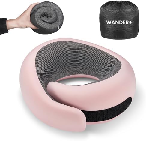 WANDER PLUS® Travel Neck Pillow, Pure Memory Foam Neck Pillow for Airplanes, Comfortable Breathable Cover, 360 Degree Support Ergonomic Design Best for Sleeping Plane Train Travel Essentials Max Pink