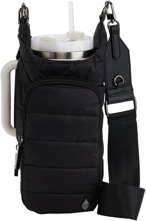 WanderFull Original HydroBag HANDLE®, Zipper for Handle, 40 oz Water Bottle Holder w/Strap, Mother’s Day Gift, Crossbody Carrier Bag w/Phone Pocket - Black Matte w/Vegan Leather Trimmed Strap by WanderFull