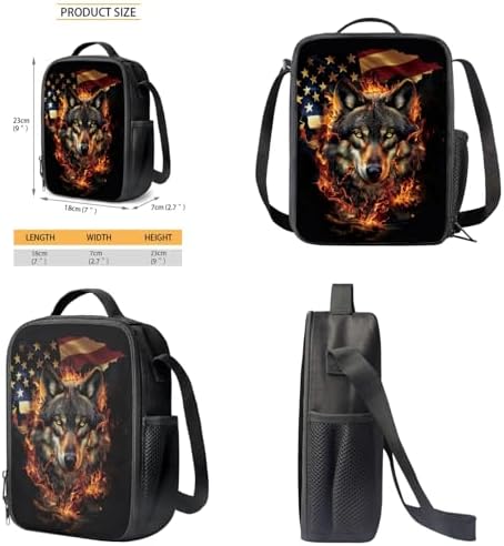 Wolf Printed Kid's Backpack 3Pcs Set - American Flag Wolf Printed School Book Bag for Boys Girls Teens With Lunch Box Pencil Case 3 in 1 - Image 6
