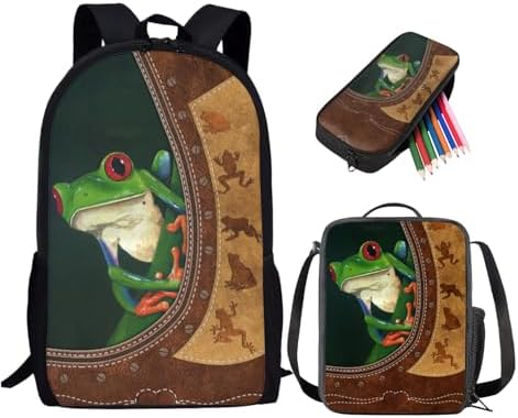 Cartoon Frog Schoolbag Set for Boys Girls Back to School Supplies, Large Children's Backpack Set with Lunch Bag, Lightweight Knapsack Set for Elementary School Students by PCSJRKG