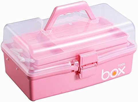 Kinsorcai 12'' Three-Layer Clear Plastic Storage Box with Handle, Craft Tool Box, 3 Layer Pink Tackle Box for Women, Organizer Box for Sewing Art and Cosmetic (Pink) by Kinsorcai