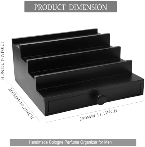 4 Tier Men's Cologne Organizer, Black Wooden Display Stand with Drawer | Tiered Cologne Shelf and Rack, Hidden Accessory Storage, Dresser Fragrance Display, Birthday or Christmas Gift for Men - Image 6